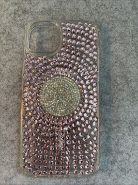 iPhone 14+/15+, pink rhinestone covered & clear rhinestone pop socket.
